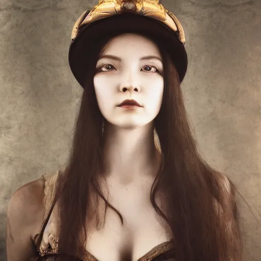 Prompt: a body portrait of a beautiful steampunk woman by zhang jingna, long hair, aged 2 5, swedish, wearing a travel hat, photo realistic, real life, photograph, 3 5 mm, octane render, trending on artstation