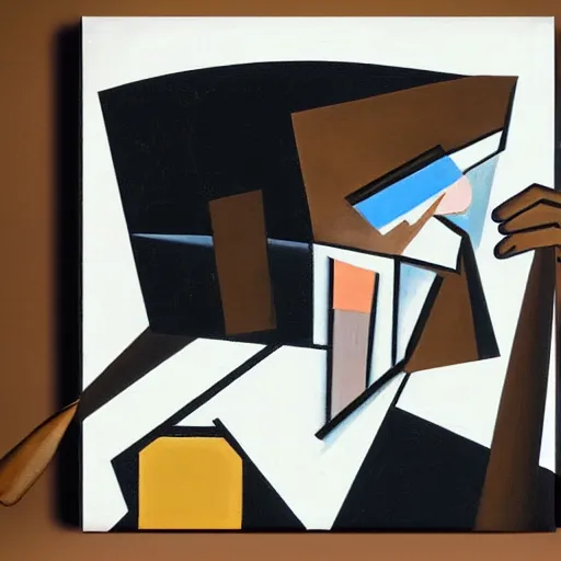 Prompt: a cubist painting of a graphic designer trapped inside his laptop
