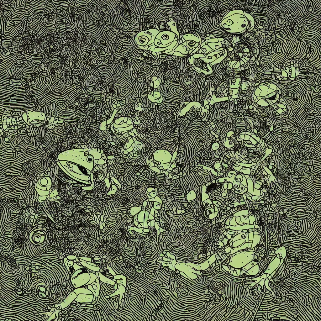 Image similar to toad head, ryuta ueda artwork, breakcore, technical, abstract, interference, computers, vectors, gloom, space, frequency, subtle glitches, frogs, amphibians, sacred geometry, data, minimal, code, cybernetic, style of jet set radio, dark, eerie, cyber