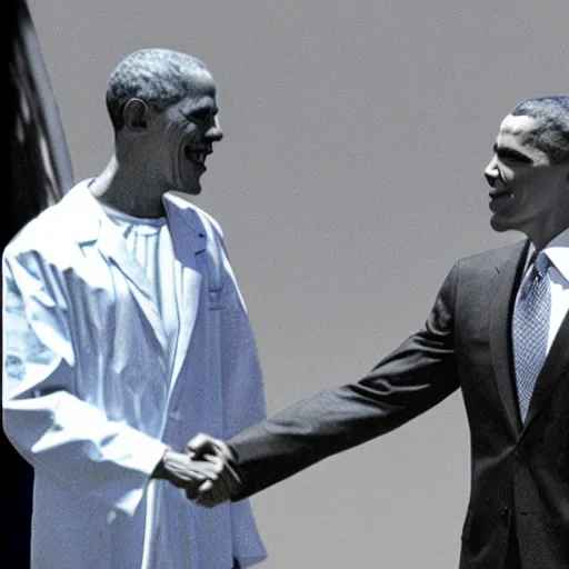 Prompt: 35mm photograph of Dr Manhattan shaking hands with Obama