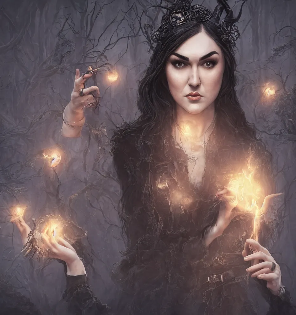 Image similar to photo-portrait of sasha grey as a fearless witch with magical powers doing a dangerous summoning spell, style of Midjourney, stylized, 8k high details, detailed and intricate, elegant, ornate, horror, elite, ominous, haunting, beautiful digital painting, cinematic, cgsociety, artstation, octane render, 8k, unreal engine