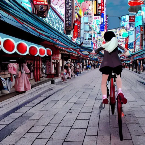 Image similar to anime girl riding bicycle in highly detailed dotonbori street, studio ghibli style, by hayao miyazaki, sharp focus, highly detailed, 4k