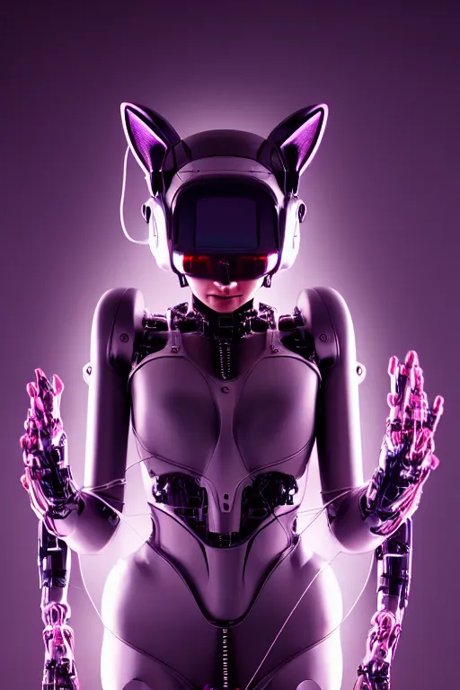 Prompt: cybernetic ultra high tech female assistant with cat ears, sci - fi, cyberpunk, high tech, futurism, exoskeleton, symmetry, cinematic, elegant, luxury, perfect light, perfect composition, dlsr photography, sharp focus, 8 k, ultra hd, sense of awe, highly detailed, realistic, intricate, science journal cover