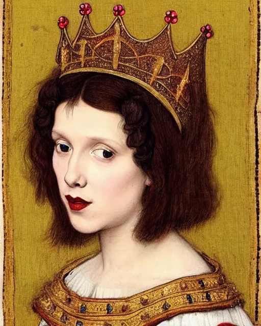 Prompt: medieval portrait of millie bobby brown dressed as a queen, in the style of eugene de blaas