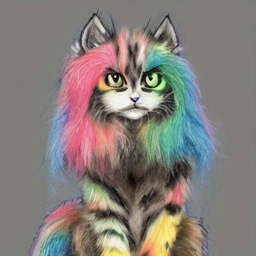 Image similar to wide angle full body, of a fluffy cute rainbow kitten wearing a black leather motorcycle jacket, concept art