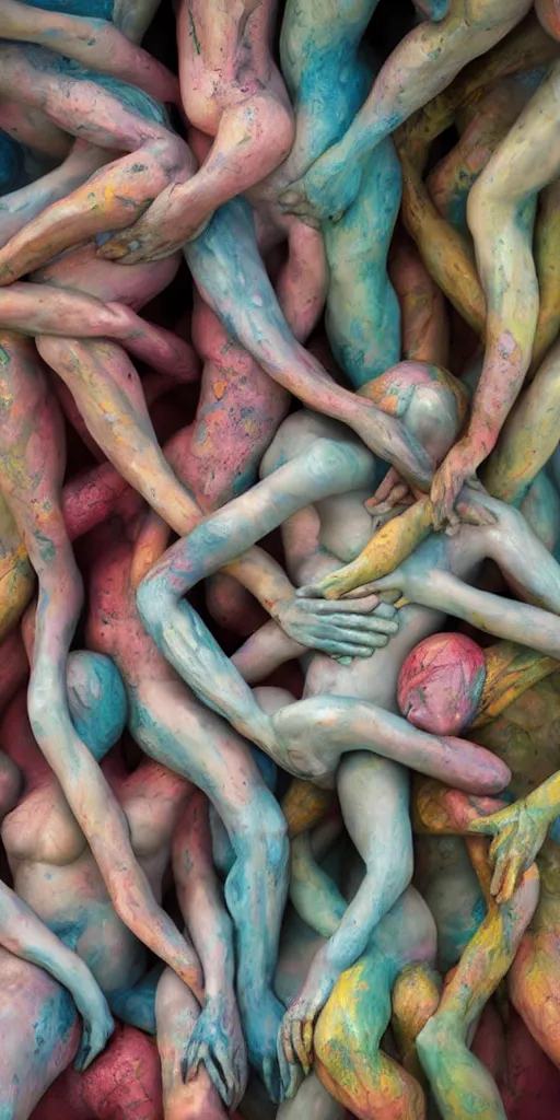 Image similar to closeup photograph of a surrealist sculpture human bodies intertwined, a lovely cornucopia of flowers and human body parts, body parts, paint pour, swirling paint, muted color palette, skin tones, highly detailed, octane render, cinematic