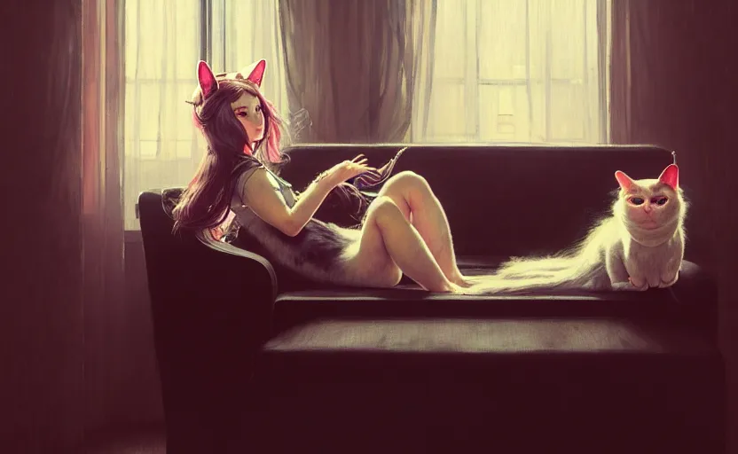 Image similar to portrait of several girls with cat ears, sitting on a couch, highkey, realistic, serov, surikov, vasnetsov, repin, kramskoi, ultra realistic, uplight, insanely detailed and intricate, charlie bowater, tom bagshaw, norman rockwell, octane rendered, unreal engine, illustration, trending on artstation, 8 k