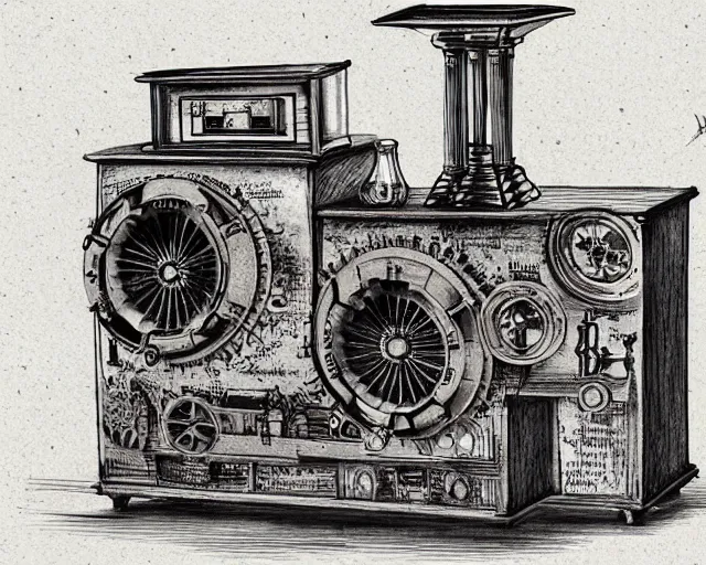 Image similar to steampunk mechanical hifi stereo system sketch by leonardo da vinci