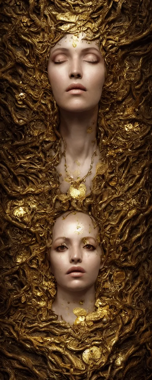 Prompt: portrait photo of a surreal goddess floating in the middle of a ancient wood, gold raining in the background, ultra super good realistic 3D render by Pete Morbacher and Emil Melmoth, insanely detailed, trending on artstation, sharp focus