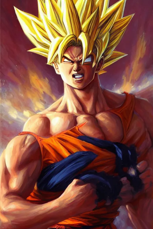 Prompt: portrait of simu liu as super saiyan goku. art by gaston bussiere.