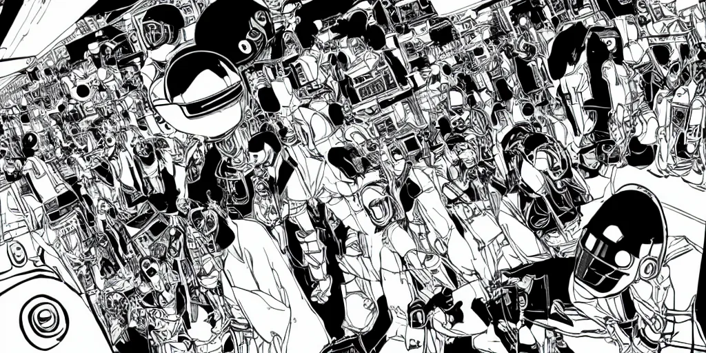 Image similar to detailed manga artwork of 2 Daft Punk robot rock using Apple notebook Macbook at an underground warehouse rave in Ibiza, playing techno house music, thousands of beautiful girls in bikini dancing, in the style of manga illustration, wires, speakers, trending on artstation