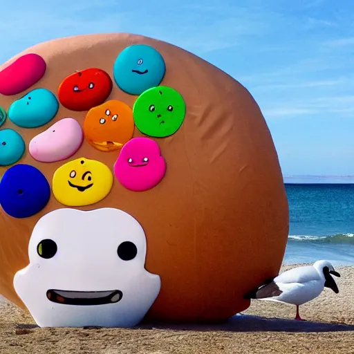 Image similar to a multicolored poop emoji chilling on a transat at the beach with seagulls flying around