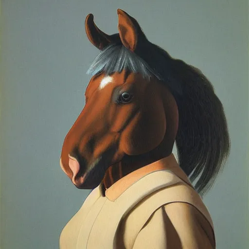 Image similar to a horse-person by Raphael, Hopper, and Rene Magritte. detailed, romantic, enchanting, trending on artstation.