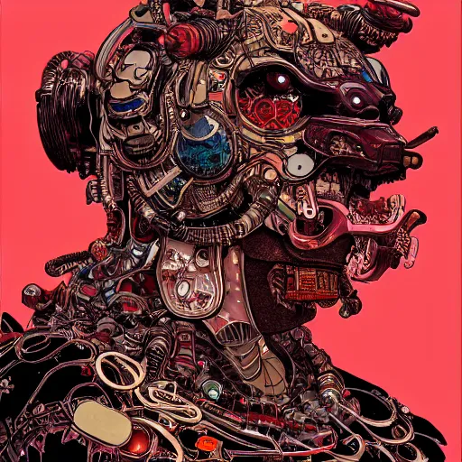 Image similar to cyberpunk oimmortal beast from chinese mythology cyborg portrait, illustration, pop art, splash painting, art by geof darrow, ashley wood, alphonse mucha, makoto shinkai