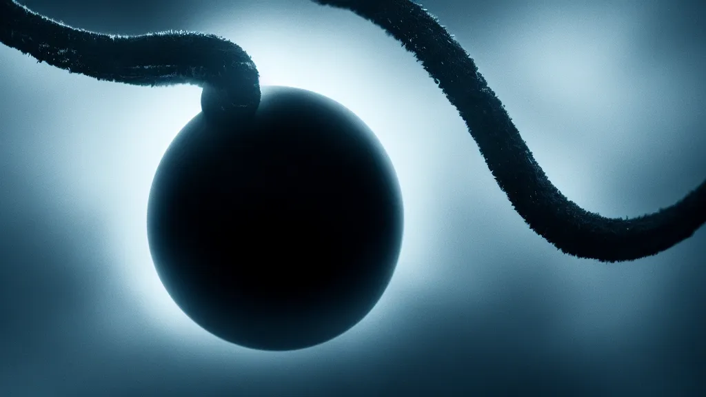 Image similar to a black sphere hangs in the sky, luminous tentacles leave it in different directions, fog, volumetric lighting, mystique, atmospheric, sharp focus, ultra detailed, noir art house, 4 k, cinematic, 3 5 mm
