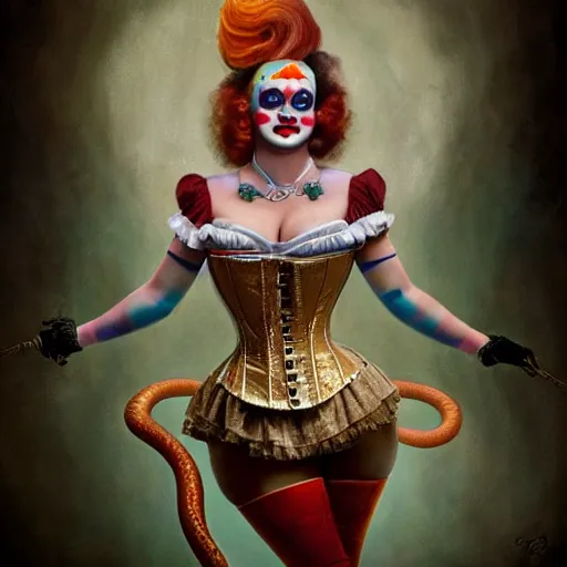 Prompt: photorealistic soft paint of a curiosities carnival, single young beautiful shy curvy dollpunk clown in a full steampunk corset, very long snakes hairs, symmetry accurate features, ominous depths, elegance, focus, rainbow lighting, very high details, award winning masterpiece, behance, by tom bagshaw