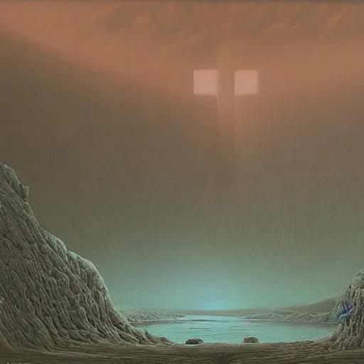 Image similar to A Landscape by Zdzisław Beksiński and Jim Burns