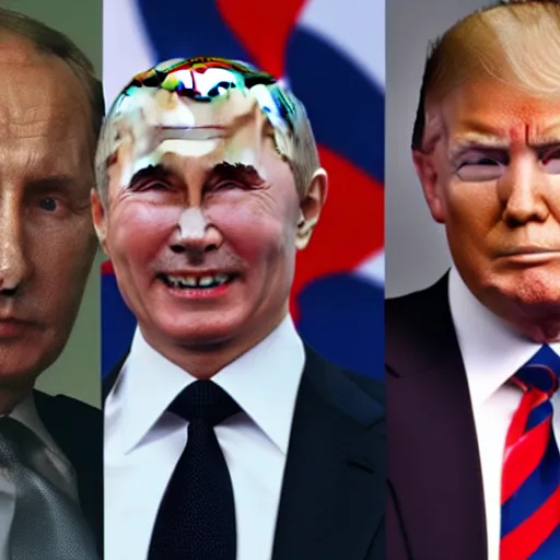 Image similar to putin, trump, obama and bush are having a lightsabber fight and smiling