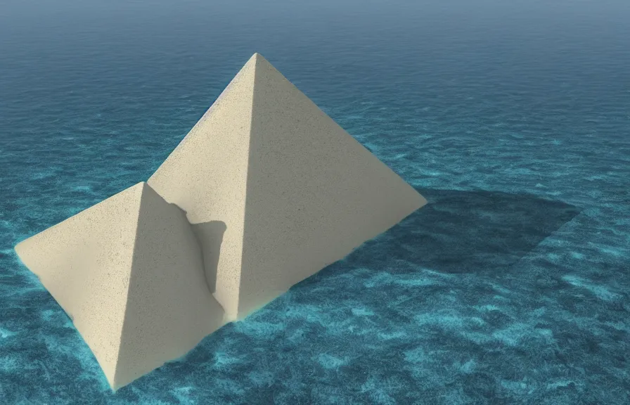 Image similar to a realistic cell - shaded cartoon showing a white pristine pyramid underwater at the bottom of the sea. shafts of sunlight come from above. wide shot, very dull muted colors, hd, 4 k, hq