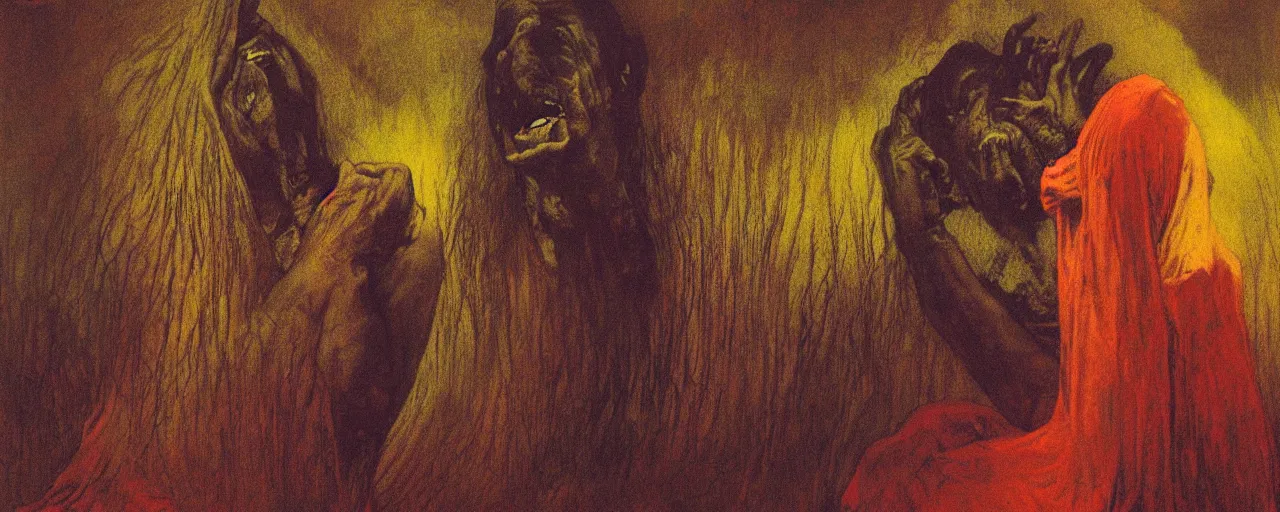 Prompt: vintage brightly color film footage, exaggerated somber exorcism scared priest wide open mouth in terror crying figures inside mental hospital portrait by zdzisław beksinski and gustave dore and alphonse mucha, artstationhq iamag