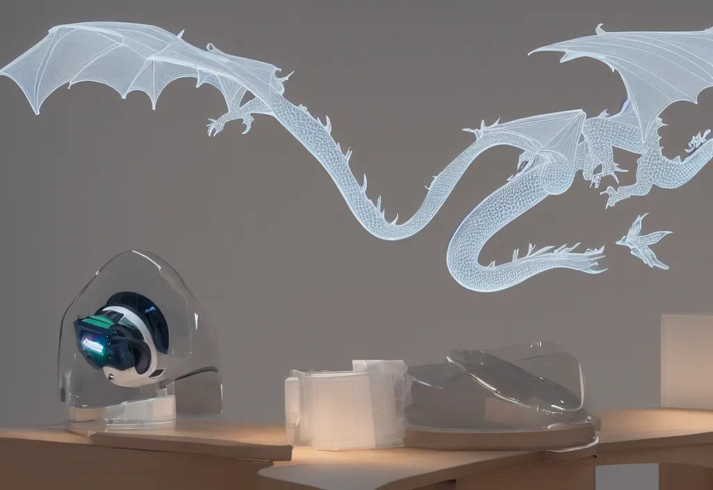 Image similar to curved transparent 3 dtv dragon, volumetric lighting, bedroom, visor, users, pair of keycards on table, bokeh, creterion collection, shot on 7 0 mm, instax