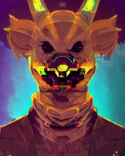 Prompt: glitch art character portrait of an anthropomorphic animal combat strategy a. i. in the style of cyberpunk in the style of magic the gathering trending on artstation deviantart pinterest furaffinity detailed realistic hd 8 k high resolution