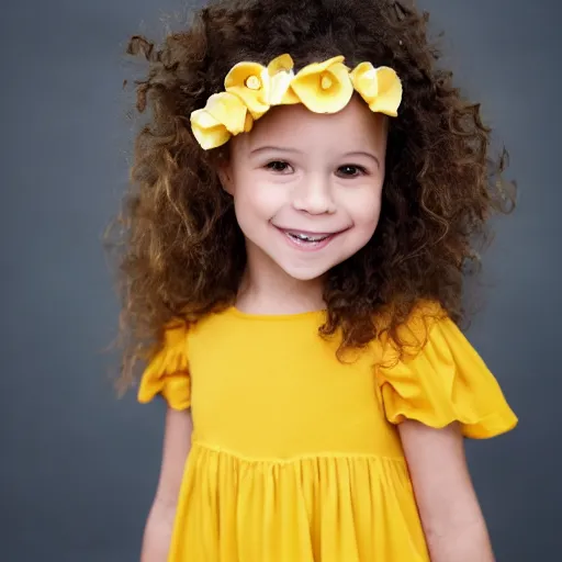 Prompt: 3 years old girl with curly brown hair and brown eyes wearing a yellow dress and shinning like the sun