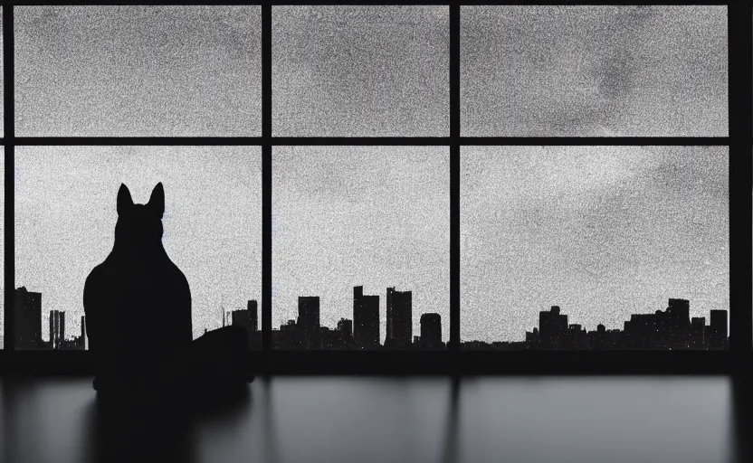 Prompt: a dog is looking out of a window at night staring at a skyline in rain, movie still, silhouette, 8 k