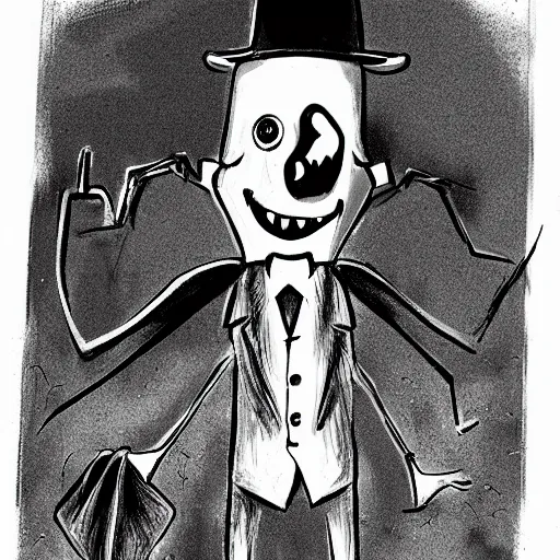 Image similar to a Pop Wonder scary horror themed goofy-hilarious-character babadook-wearing a scarf, 3-piece-suit, dime-store-comic drawn with charcoal and pen and ink, half-tone-line-stacking