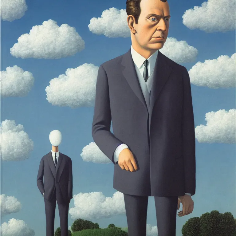 Image similar to portrait of a faceless chrome - head man in a suit, clouds in the background, by rene magritte, detailed painting, distance, centered, hd, hq, high resolution, high detail, 4 k, 8 k