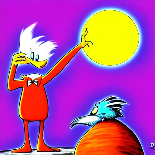 Image similar to dr. eggman standing over the lorax, the lorax is making a longing face, blushing, digital drawing, dark outlines