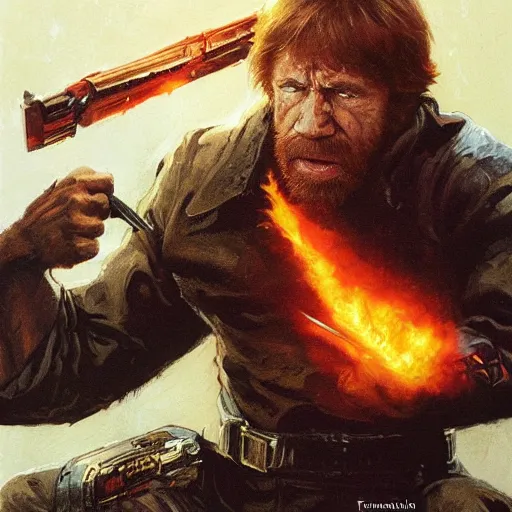 Prompt: cinematic action shot freeze frame portrait of Chuck Norris using another Chuck Norris as a weapon to fight evil by greg rutkowski and frank frazetta and peter mohrbacher and marc silvestri