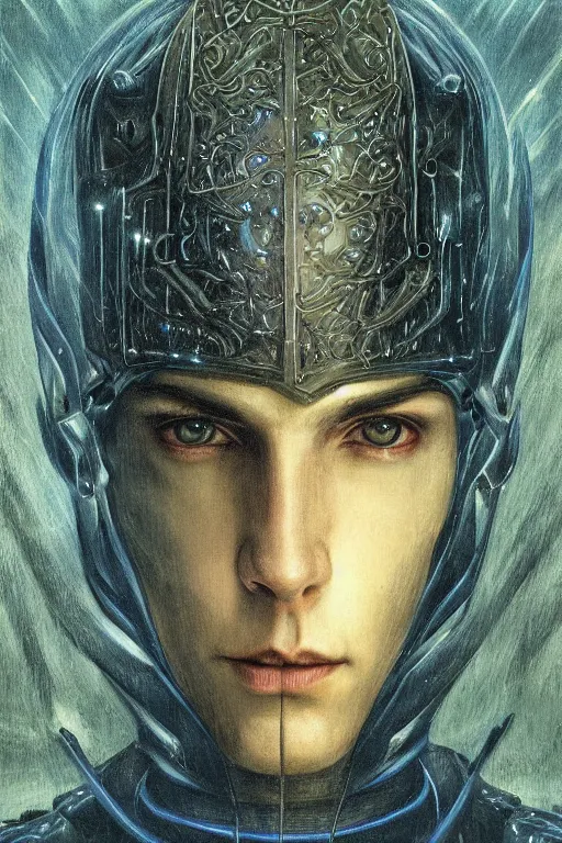 Prompt: portrait of beautiful gothic and futuristic young man, more thunderstorm, cyber armor, a lot of scars,, blue head, the middle ages, highly detailed, artstation, illustration, art by jean delville, 8 k quality, art by greg gandy
