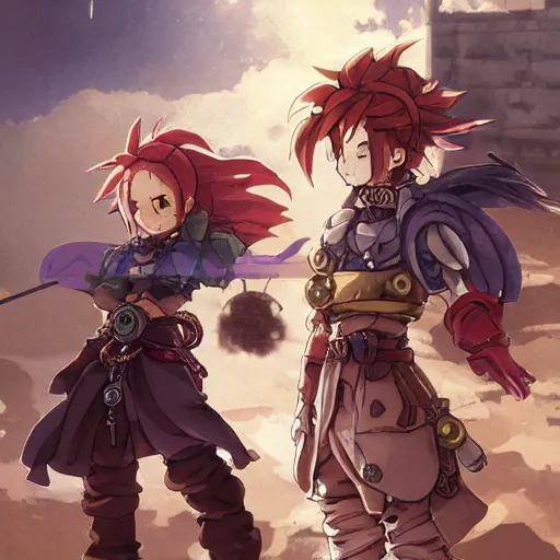 Image similar to steam punk, chrono trigger, detailed anime characters, starring crono, marle and ayla, vivid light, greg rutkowski, uhd, uhd uhd uhd, 8 k, shallow depth of field, intricate detail, concept art!