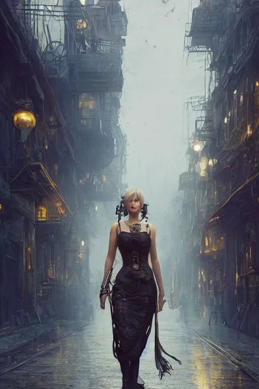 Prompt: a fancy portrait of Jenifer Lawrence walking down the street of a steampunk city by Greg Rutkowski, Sung Choi, Mitchell Mohrhauser, Maciej Kuciara, Johnson Ting, Maxim Verehin, Peter Konig, final fantasy , mythical, 8k photorealistic, cinematic lighting, HD, high details, atmospheric,