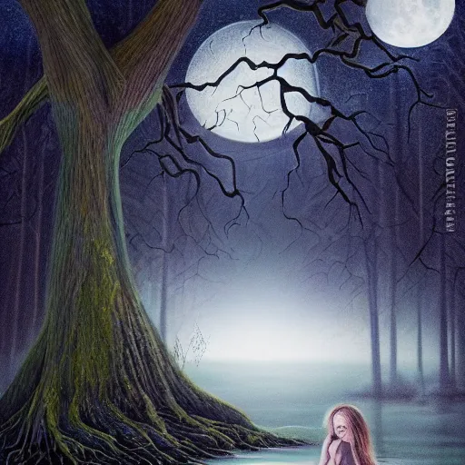 Image similar to an ultra detailed painting of a girl in a silver dress sitting in a gigantic ancient tree next to a pond at night, surrounded by a towering dark forest, the moon can be glimpsed through the trees and is veiled by fog, fog obscures the background, midnight, dark fantasy, fantasy forest, spooky forest, highly realistic, realistic painting