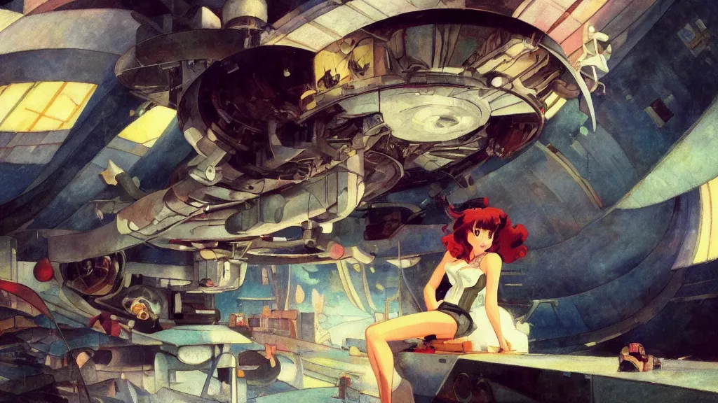 Prompt: a film still of a 1 9 5 0's mechanic anime girl sitting on top of flying ufo landing in hangar of giant ufo spaceship, kandinsky, trending on pixiv fanbox, painted by gaston bussiere, makoto shinkai, akihiko yoshida, gaston bussiere, craig mullins