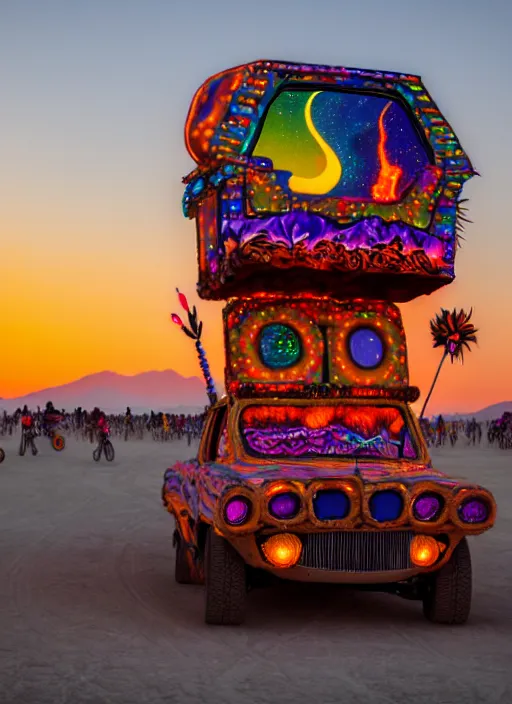 Image similar to burning man art car, sunset, 4 k