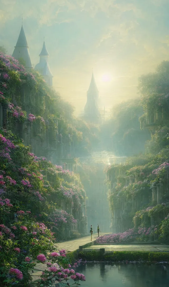 Image similar to vanishing point, palace like the kremlin in distance on a lake is covered with aqua blue roses, viewed from afar, stephen bliss, misty, unreal engine, fantasy art by greg rutkowski, loish, ferdinand knab, and lois van rossdraws,, global illumination, radiant light, minimalist, detailed and intricate environment