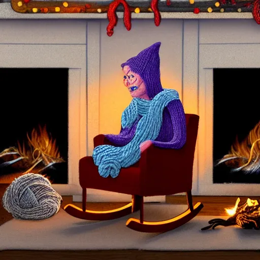 Image similar to terrifying old witch knits a sweater of worms in a rocking chair illuminated by the glow of the fireplace