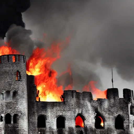 Prompt: Siege of a burning medieval castle, XF IQ4, 150MP, 50mm, f/1.4, ISO 200, 1/160s, natural light, Adobe Photoshop, Adobe Lightroom, DxO Photolab, polarizing filter, Sense of Depth, AI enhanced, HDR