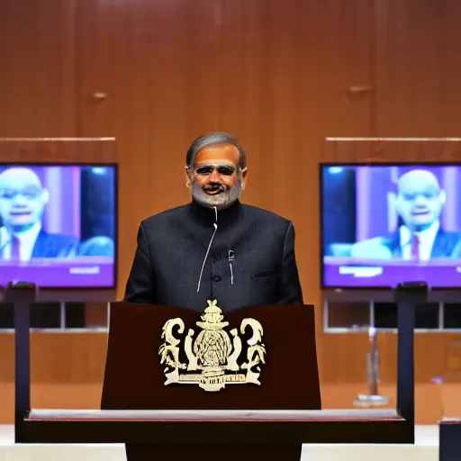 Prompt: prime minister cat addressing india from the podium, ani, sony a 7 r