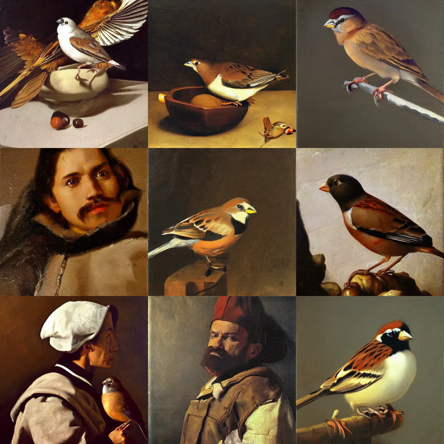 Prompt: art by diego velazquez, artstation, an oil paiting of a sparrow, oleo, highly detailed, sharp focus