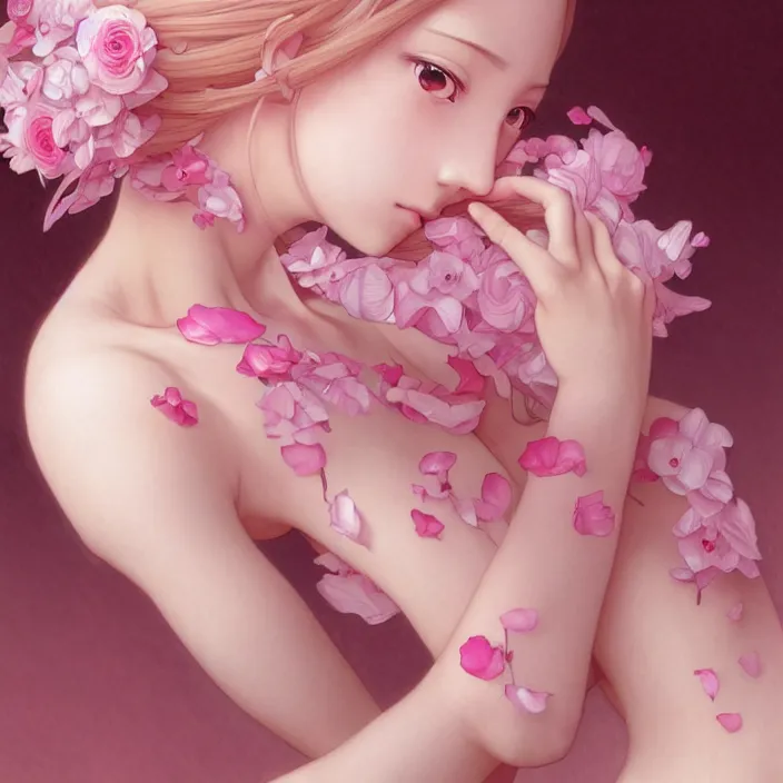 Image similar to pink petals with a shape of an anime girl, krenz, ghibli, anime style, intricate, elegant, highly detailed, wonderful eyes, sweet, digital painting, artstation, concept art, smooth, sharp focus, illustration, art by artgerm and greg rutkowski and alphonse mucha and william - adolphe bouguereau