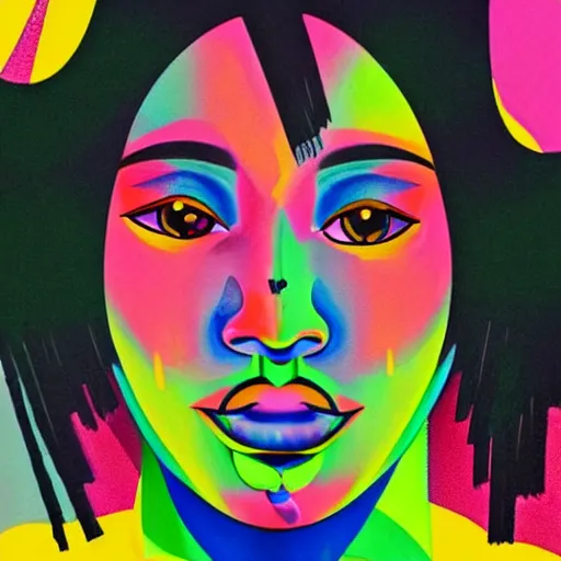 Image similar to closeup portrait of a black woman with yellow eyes and a rainbow background, digital art by tomokazu matsuyama, by ed paschke, behance contest winner, generative art, irridescent, retrowave, grain, androgynous, black background