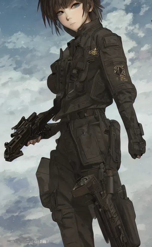 Image similar to highly detailed, high resolution, character design art, stunning, volumetric lightning, realistic guns, girls frontline style, matte, sharp focus, intricate, 150mm, illustration, artstation, by kuvshinov ilya, realistic human anatomy, simple design, realistic military gear, from royal space force the wings of honnêamise movie