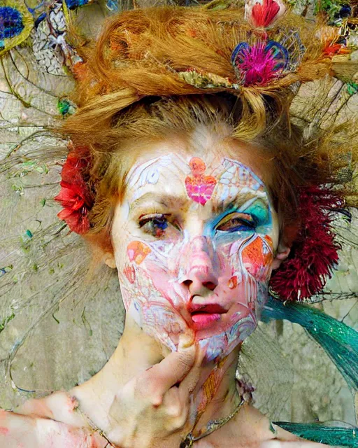 Image similar to a beautiful girl wearing colourful face paint surrounded by bright intricate patterns, by edgar maxence and caravaggio and michael whelan, intricate painting, hyper realistic, extremely detailed and beautiful aesthetic face, 8 k resolution