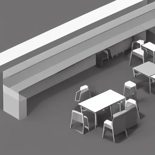 Prompt: isometric view of break room, clean, minimalist, underground, brutalist style, light and shadows, octane render