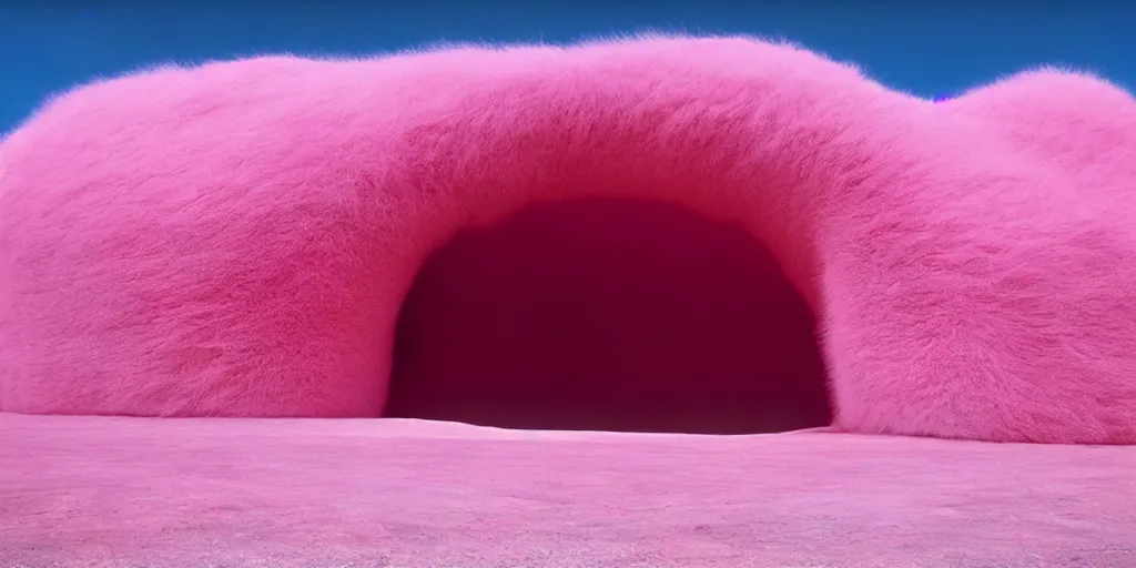 Image similar to a strange huge translucent pvc inflated organic architecture building with pink fluffy fur inside by anish kapoor sits in the rock mountains, film still from the movie directed by denis villeneuve with art direction by zdzisław beksinski, close up, telephoto lens, shallow depth of field