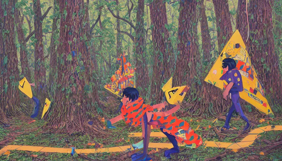 Image similar to safety cones scattered around an oak tree forest, man in muppet sasquatch sri lankan mask costume dancing in the distance, by james jean by ilya kuvshinov kintsugi, by wayne white, hyper detailed surrealist painting